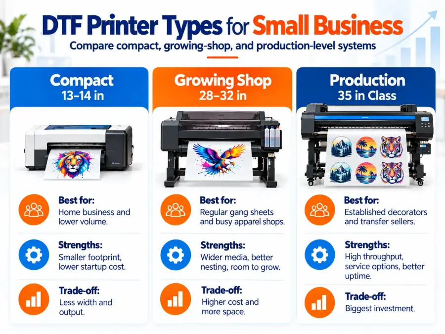 Comparison chart of compact 13 to 14 inch, growing-shop 28 to 32 inch, and 35-inch-class production DTF printers