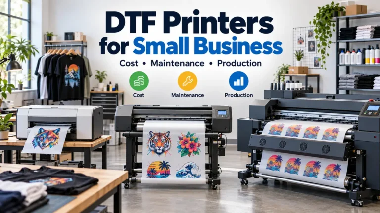 Generic DTF printer in a small apparel shop with transfer film, inks, powder, and printed shirts