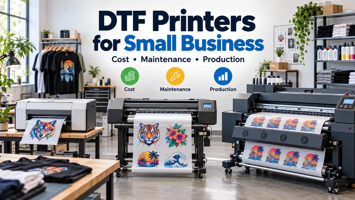 Generic DTF printer in a small apparel shop with transfer film, inks, powder, and printed shirts