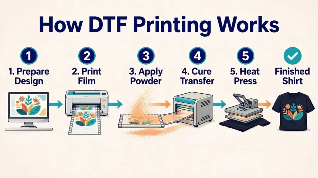 Five-step DTF printing workflow from design and film printing through powder, curing, heat pressing, and the finished shirt