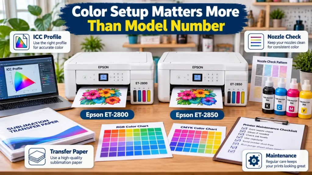 Epson ET-2800 and ET-2850 color setup with ICC profiles, nozzle checks and maintenance