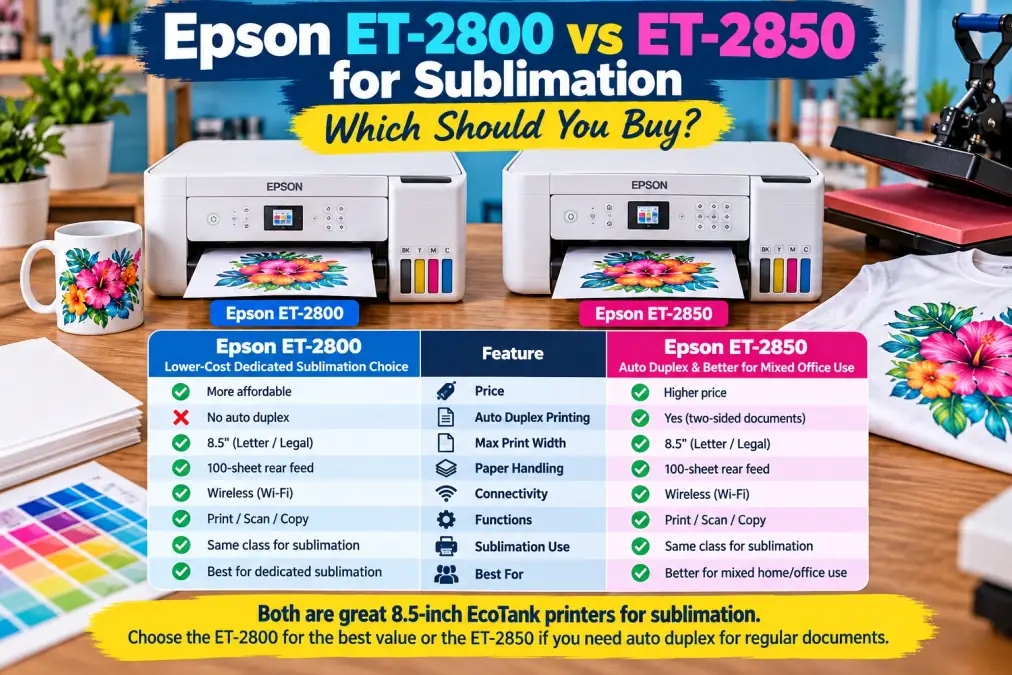 Epson ET-2800 vs ET-2850 sublimation specs comparison chart