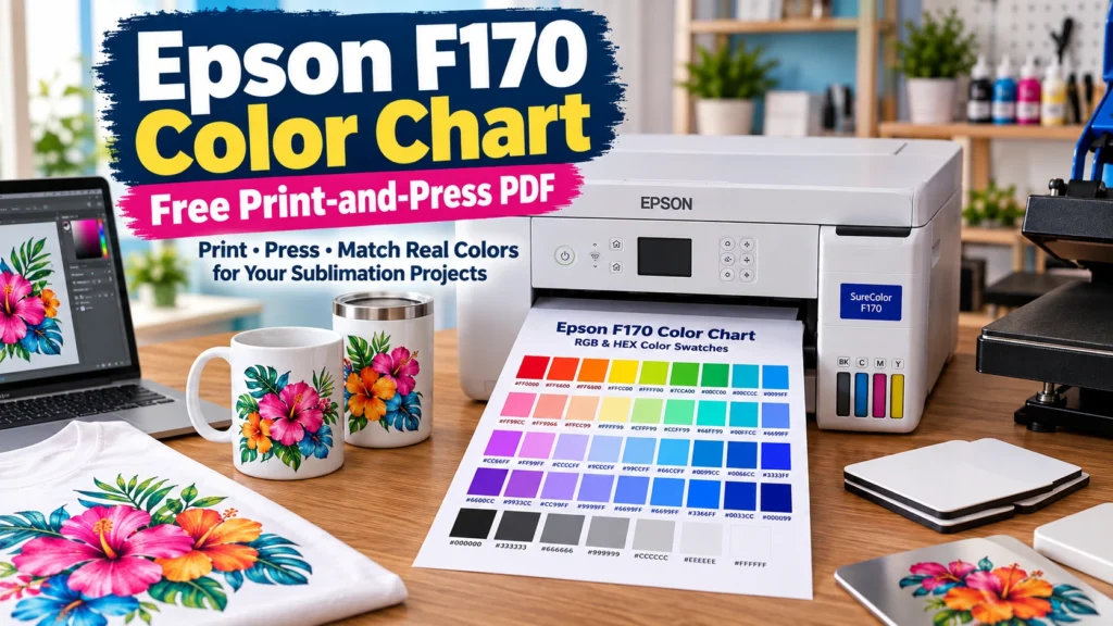Epson F170 printer with printable RGB and HEX color chart and sublimation samples