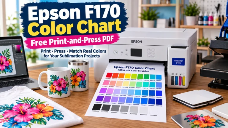 Epson F170 printer with printable RGB and HEX color chart and sublimation samples