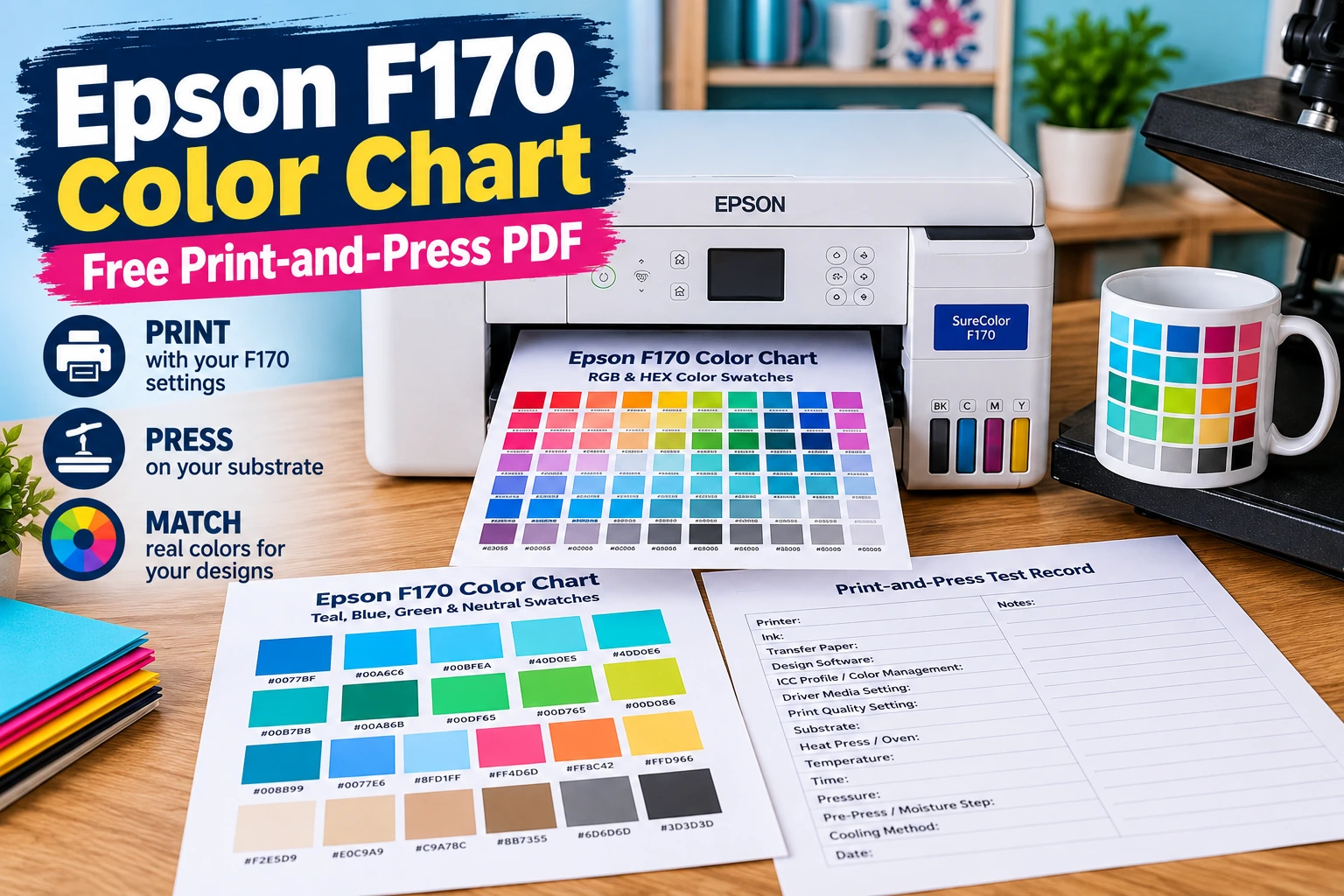 Epson F170 printable color chart PDF with RGB and HEX swatches and test record sheet