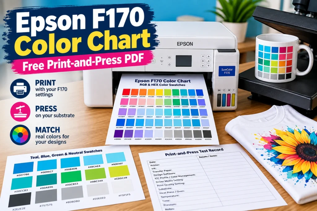 Epson F170 printing RGB and HEX color chart beside heat press and sublimation samples
