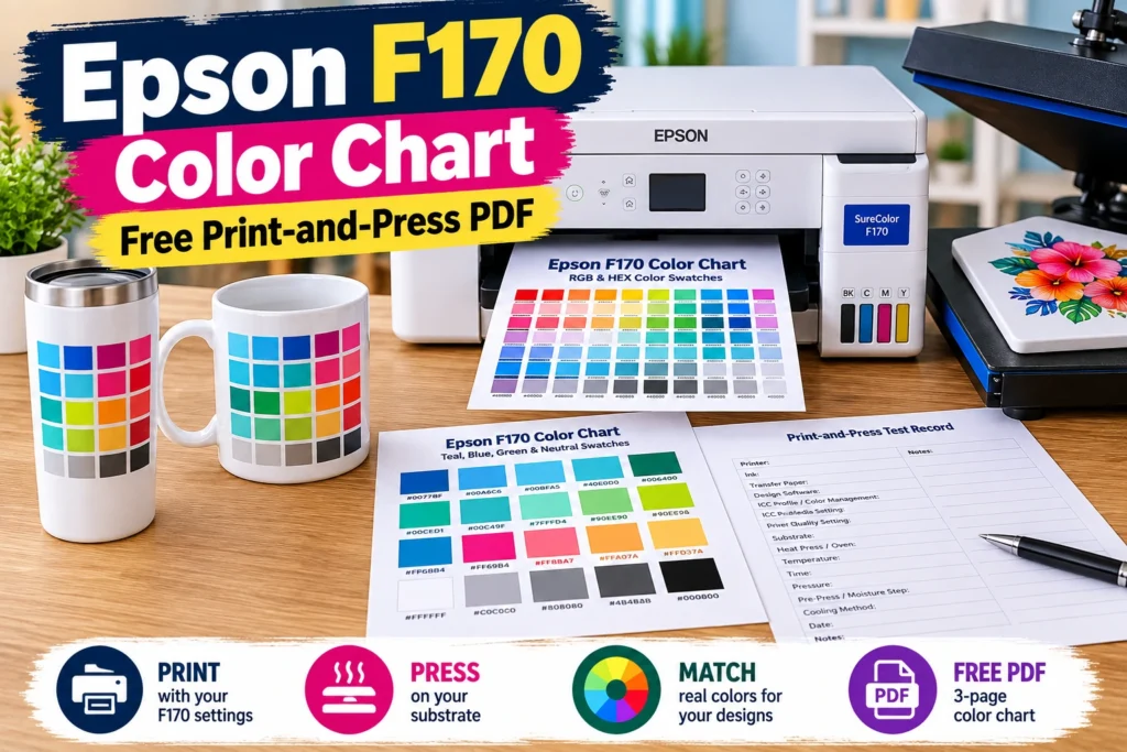Epson F170 color chart test record with swatches, printer and heat press