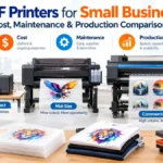 DTF printer comparison showing compact, mid-size, and commercial systems with cost, maintenance, and production factors