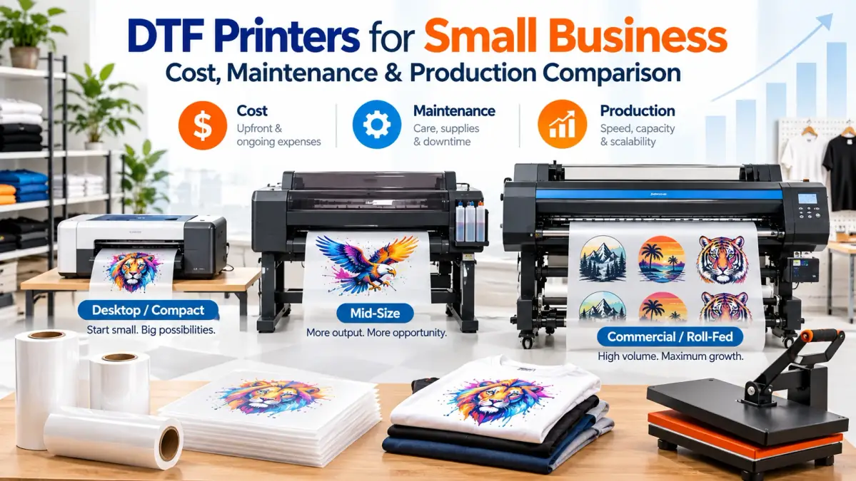 DTF printer comparison showing compact, mid-size, and commercial systems with cost, maintenance, and production factors