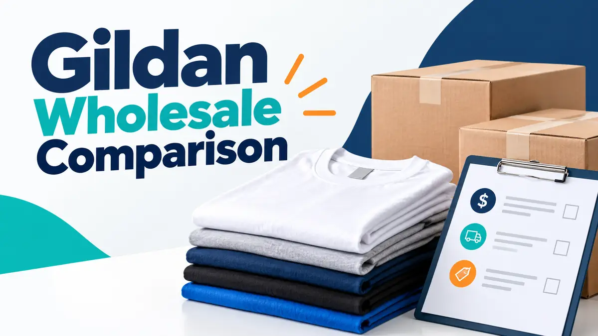Stack of blank shirts, shipping boxes and a quote clipboard for comparing Gildan wholesale purchasing costs