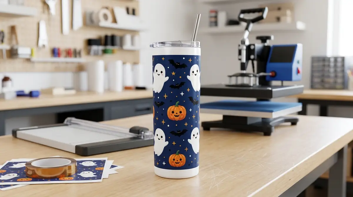 Halloween 20 oz sublimation tumbler with ghosts, pumpkins and bats on a craft workbench.