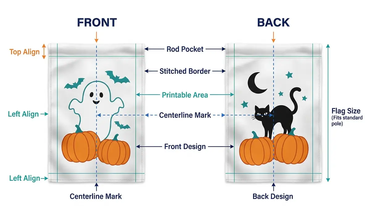 Illustrated front and back Halloween garden flags showing rod pockets, printable-area boundaries and alignment guides.