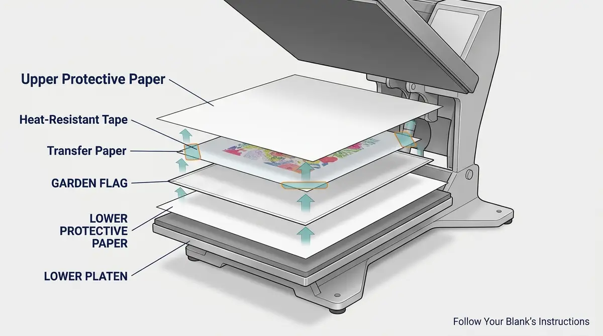 Instructional illustration showing a garden flag, secured transfer paper, and clean upper and lower protective sheets in an open heat press.