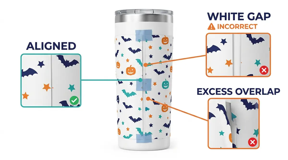 Illustrated comparison of aligned Halloween tumbler transfer edges, a white paper gap, and excessive overlap at the vertical seam.