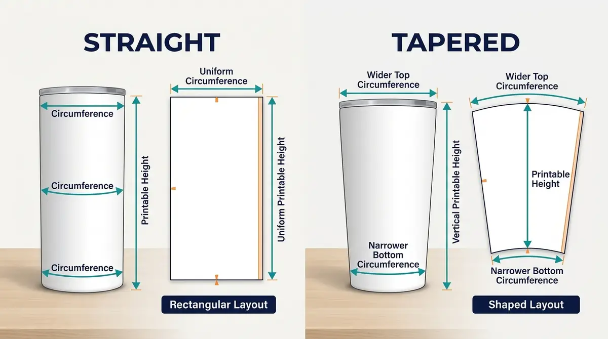 Diagram comparing a straight tumbler's rectangular print wrap with the shaped template needed for a tapered tumbler.
