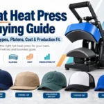 Hat heat press beside structured, 5-panel, low-profile, trucker, and youth caps