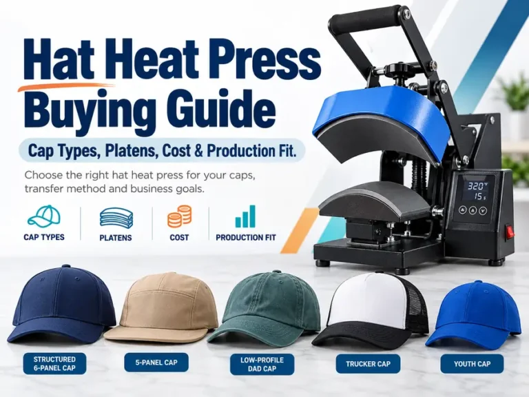 Hat heat press beside structured, 5-panel, low-profile, trucker, and youth caps