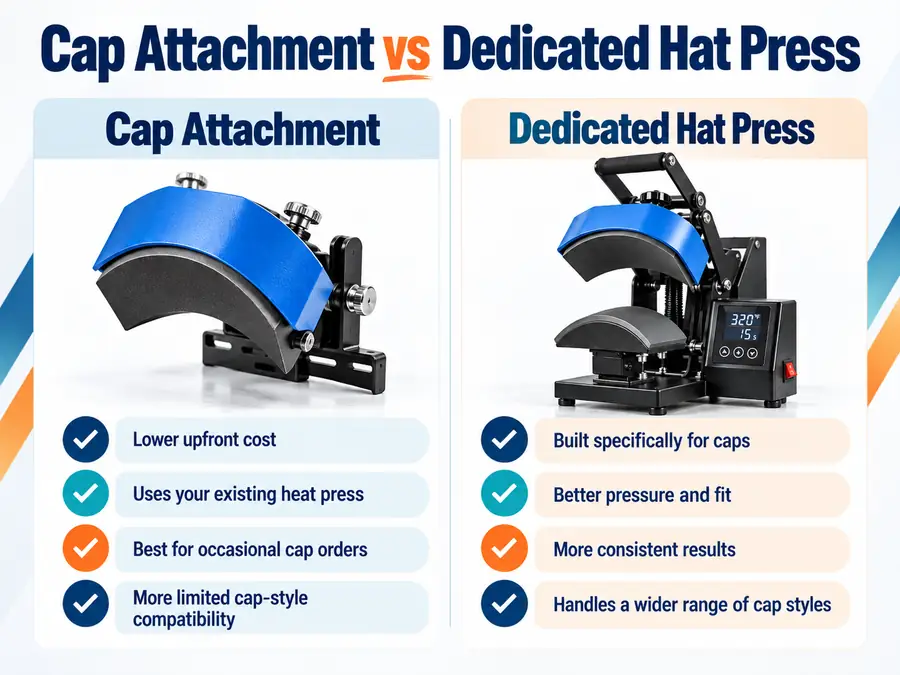 Cap heat press attachment compared with a dedicated hat press