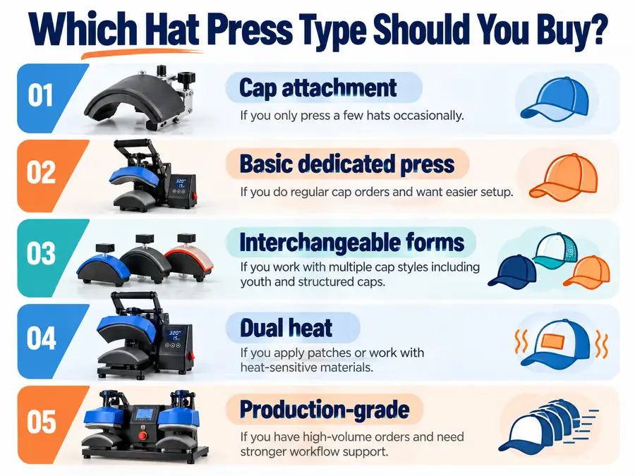 Decision chart comparing a cap attachment, basic dedicated press, interchangeable forms, dual heat, and production-grade hat presses