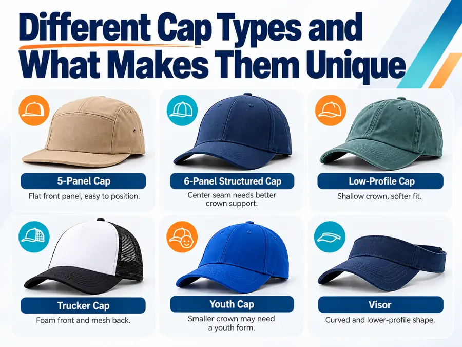 Comparison of 5-panel, structured 6-panel, low-profile, trucker, youth caps, and a visor for hat pressing