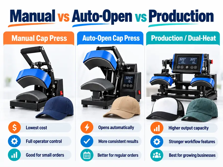 Manual, auto-open, and production cap heat press comparison