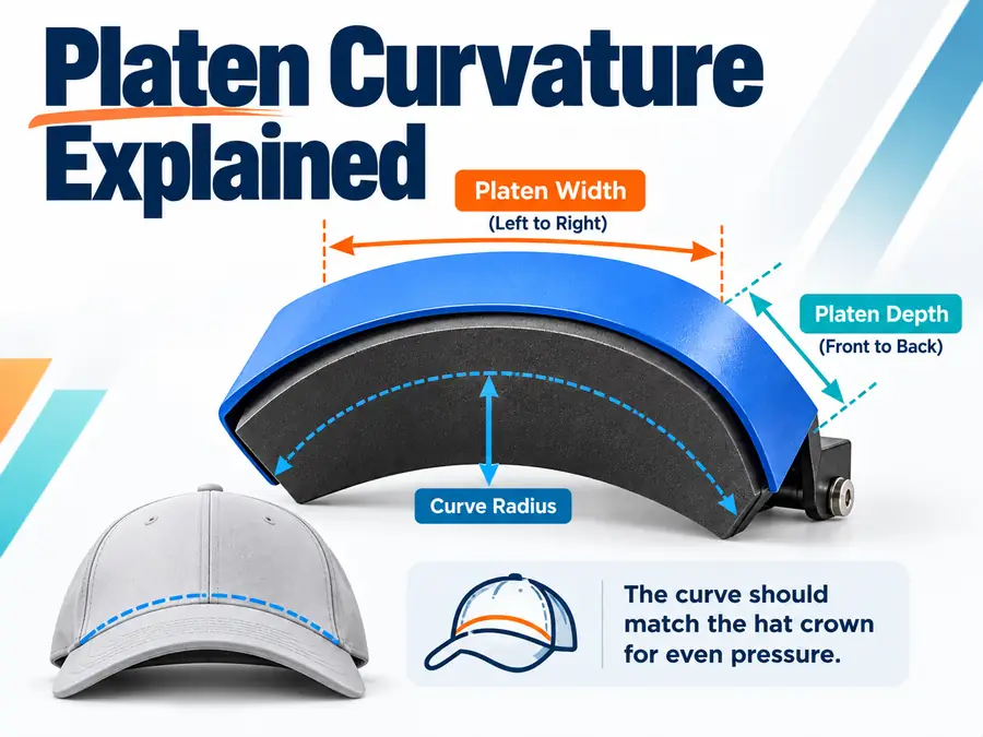 Diagram showing cap heat press platen width, depth, and curve radius matched to a hat crown