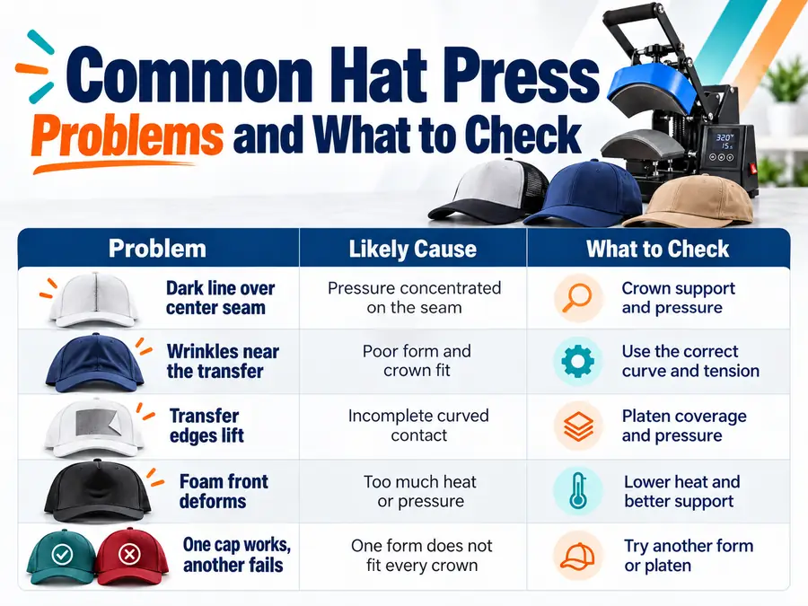 Hat press troubleshooting chart for seam marks, wrinkles, lifting transfers, foam deformation, and cap fit