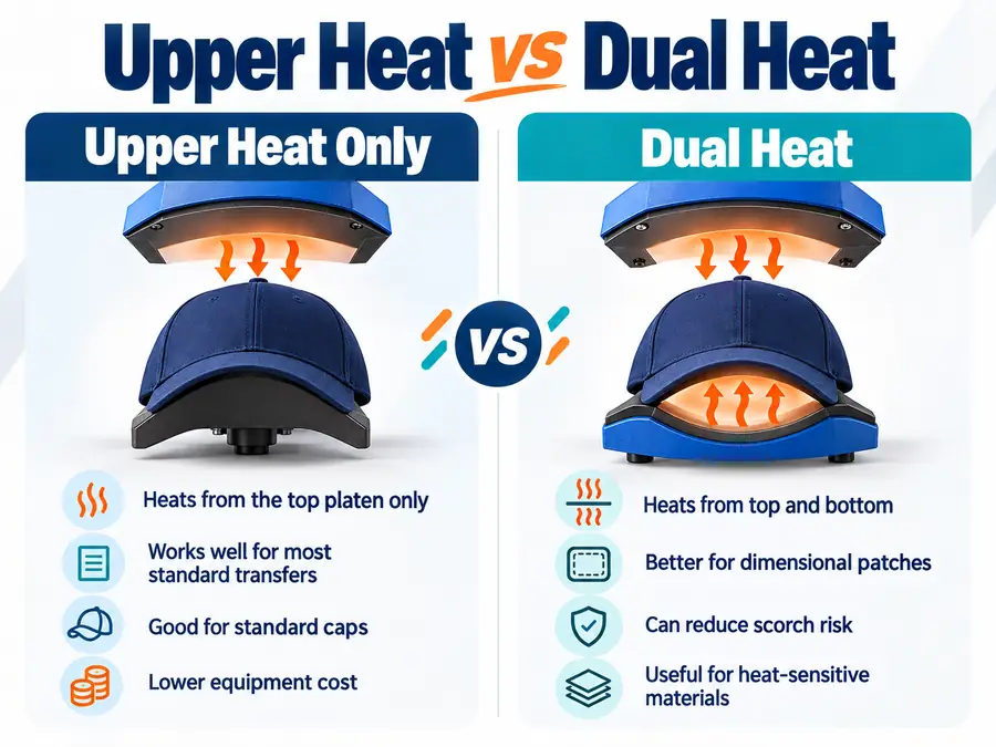 Comparison of upper-only heat and dual heat on a cap heat press
