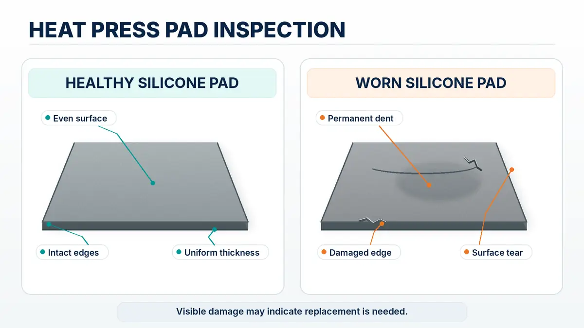 Comparison of an intact silicone heat press pad and a worn pad showing permanent dents, edge damage, and a tear.