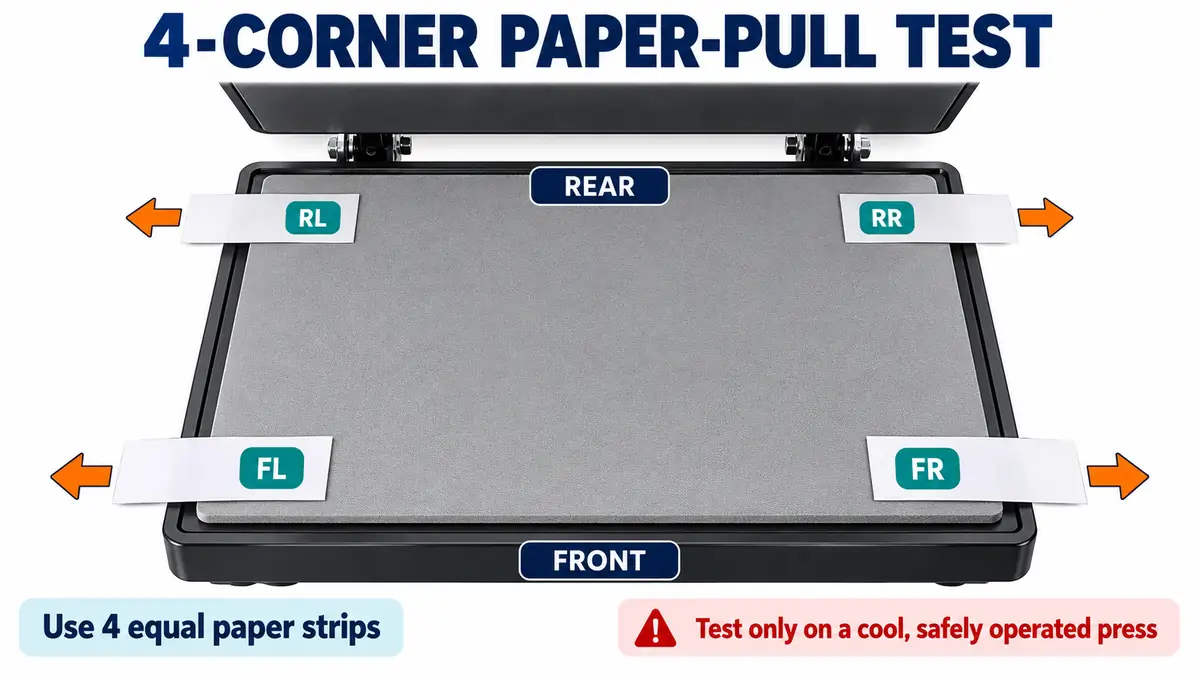 Four-corner paper-pull placement diagram with RL, RR, FL and FR positions on a heat press platen.