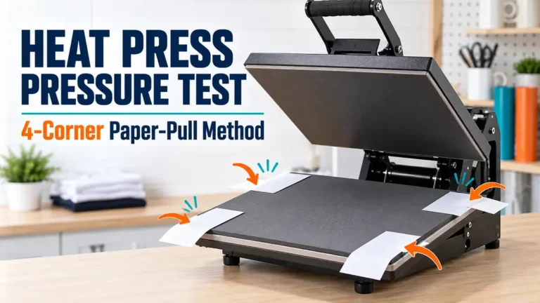 Heat press pressure test illustration showing paper strips at the four corners of the lower platen.