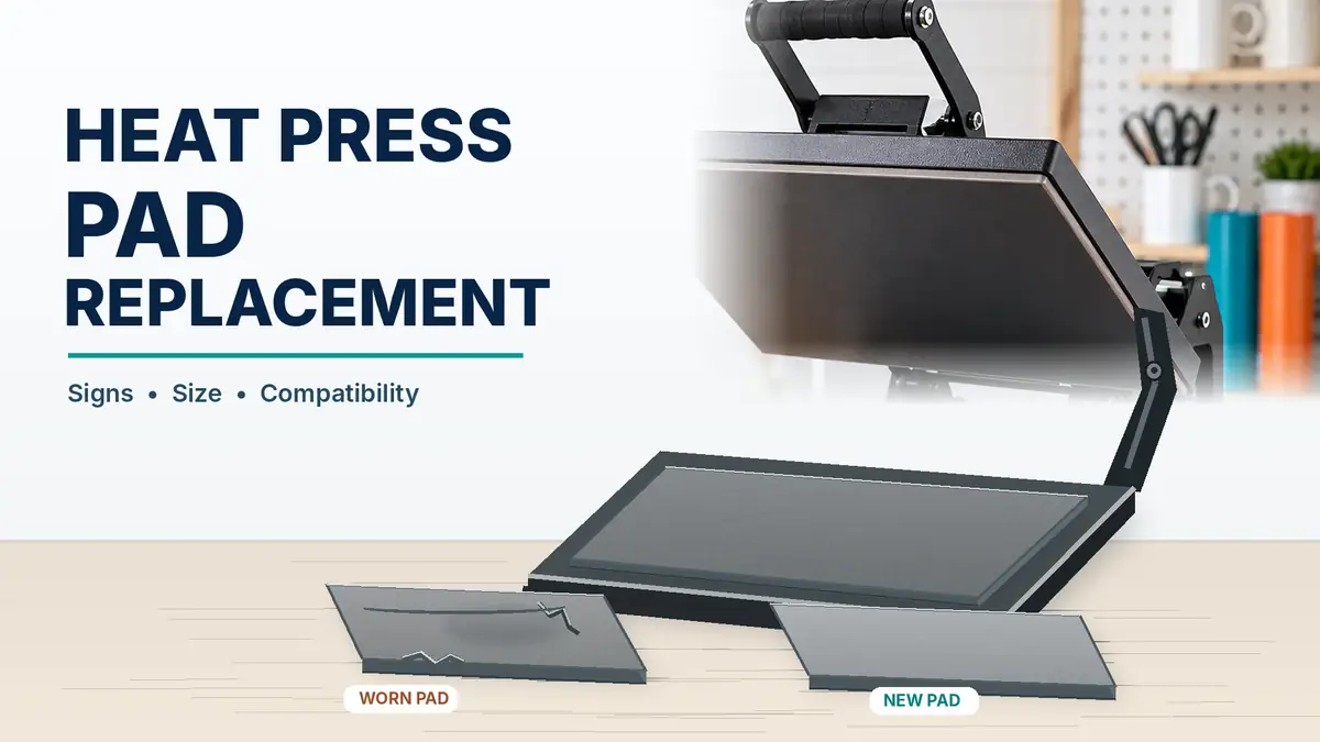 Open clamshell heat press beside a worn silicone pad and a clean replacement pad on a workshop table.
