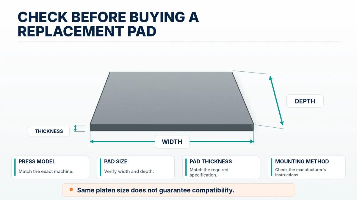 Silicone heat press pad diagram showing width, depth, thickness, and important replacement compatibility checks.