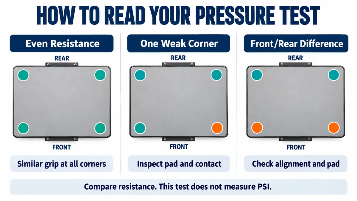 Four-corner heat press contact diagrams illustrating even resistance, one weak corner and front-to-rear differences.