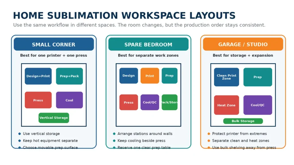 Floor-plan comparison of a small corner, spare bedroom, and garage or studio sublimation workspace.