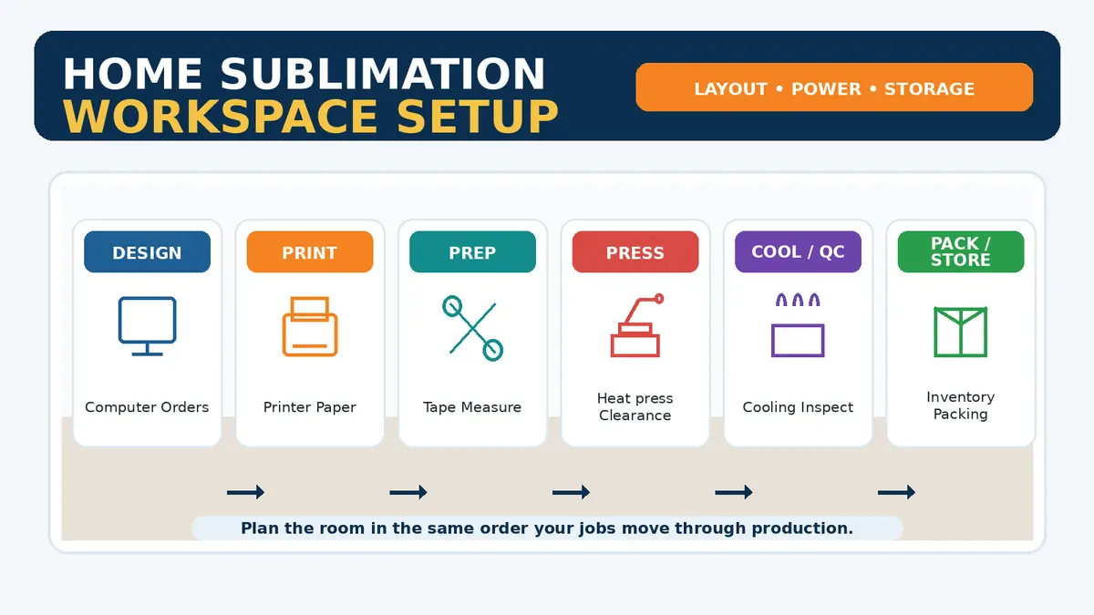Illustrated home sublimation workspace arranged into design, print, prep, heat press, cooling, and packing stations.