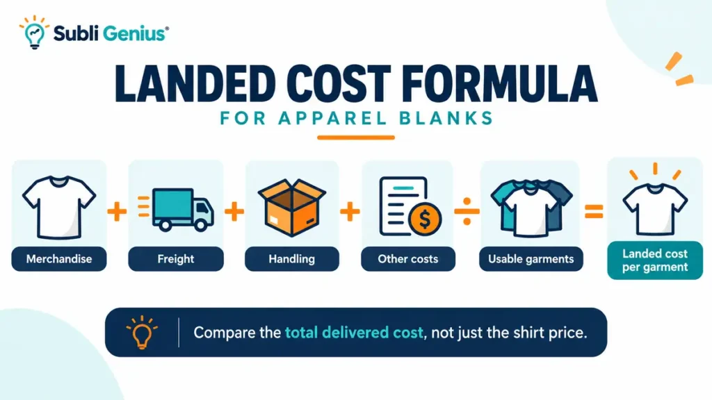 Landed cost formula showing merchandise, freight, handling and other costs divided by usable garments