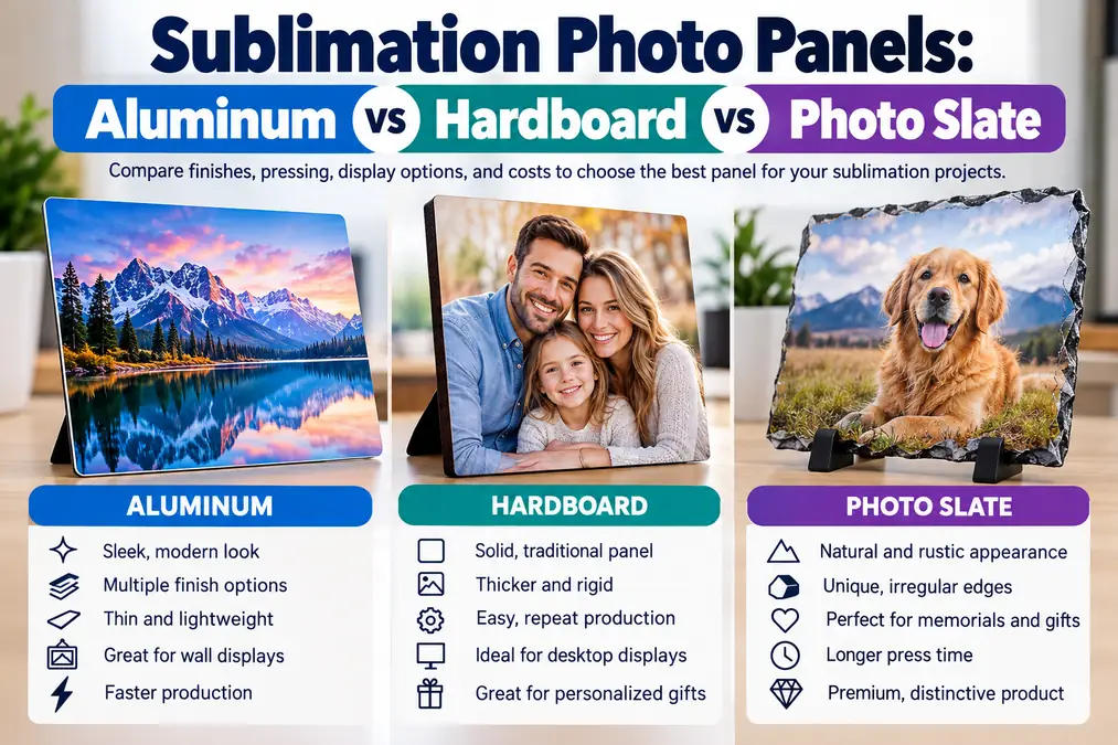 Pressing difficulty comparison for aluminum, hardboard, and photo slate sublimation panels