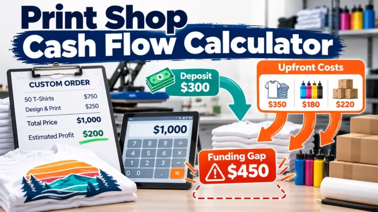 Print shop cash flow calculator showing a custom order, customer deposit, upfront production costs and a funding gap.