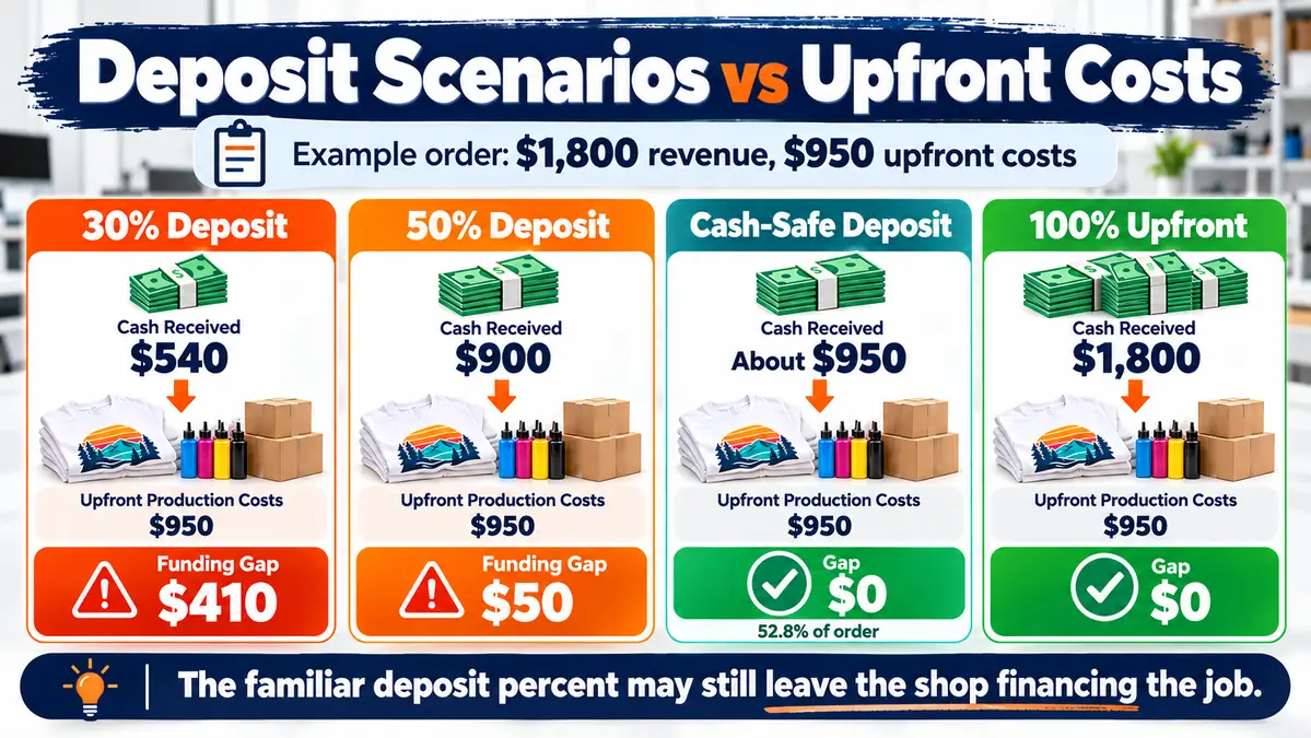 Deposit scenario infographic comparing 30%, 50%, cash-safe and full upfront payments against print shop production costs.