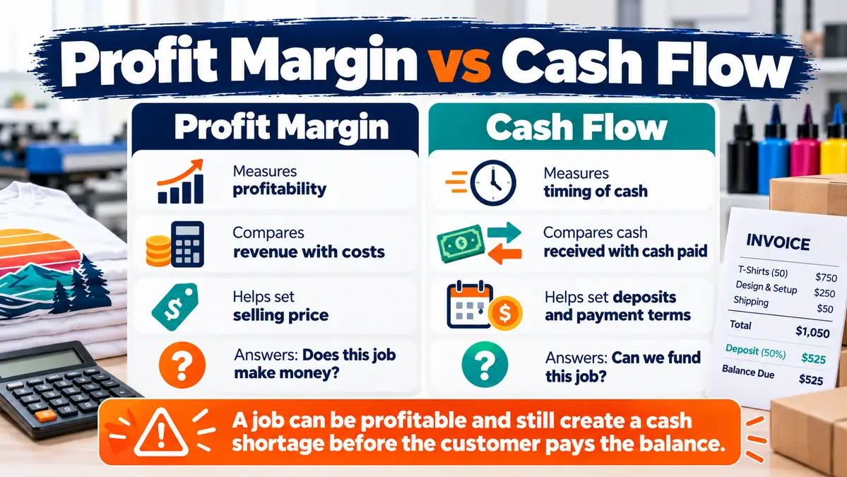 Side-by-side infographic comparing print shop profit margin with cash flow and payment timing.