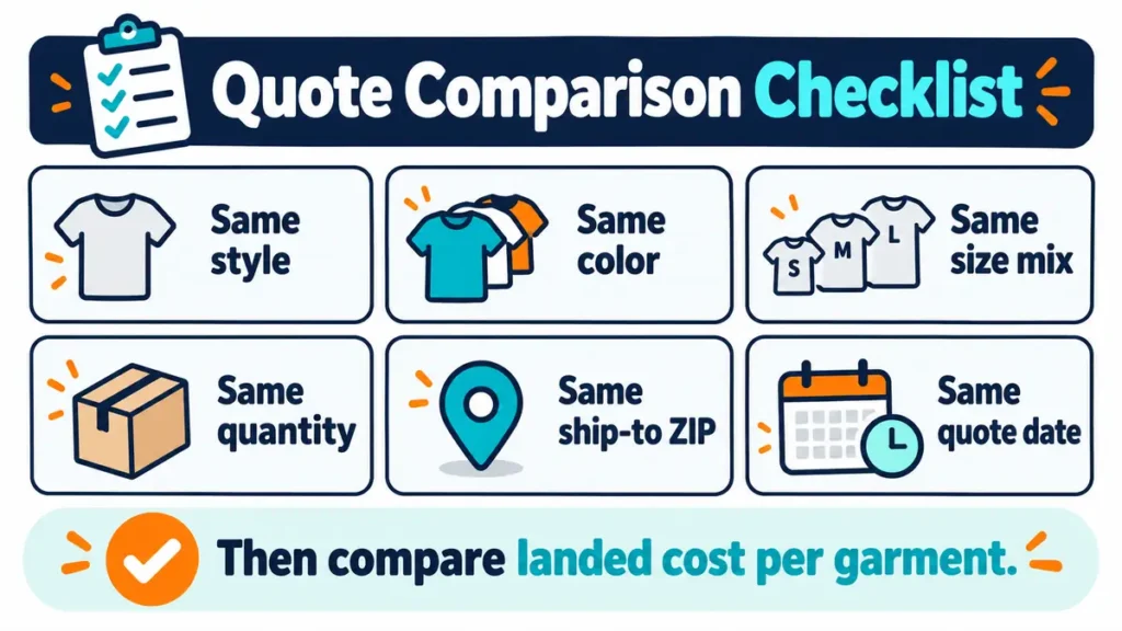 Checklist showing the same style, color, size mix, quantity, ship-to ZIP and quote date for comparing supplier quotes
