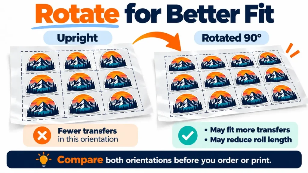 Side-by-side DTF gang sheet comparison showing upright and 90 degree rotated transfer layouts