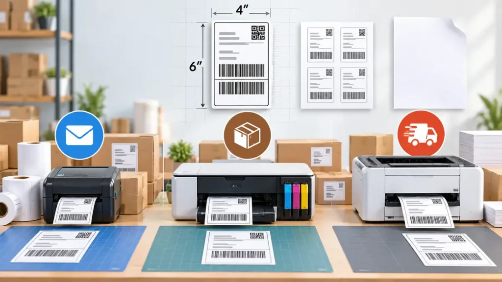4 x 6 shipping label format shown with thermal, inkjet, and laser printer workflows