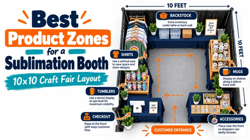 10×10 sublimation craft fair booth showing product, checkout, and backstock zones