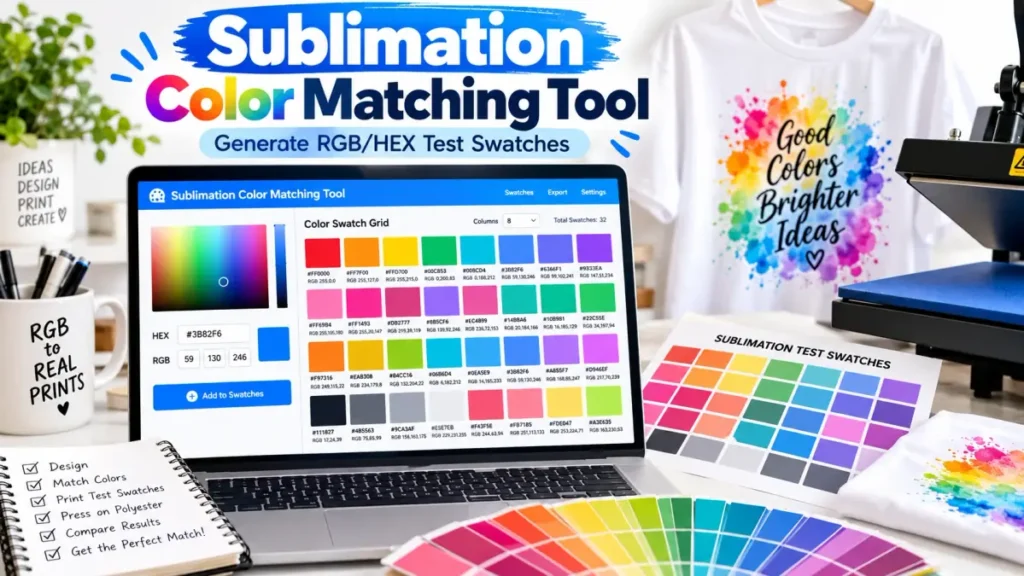 Sublimation color matching tool with RGB and HEX swatches, heat press, and printed sublimation test sheet