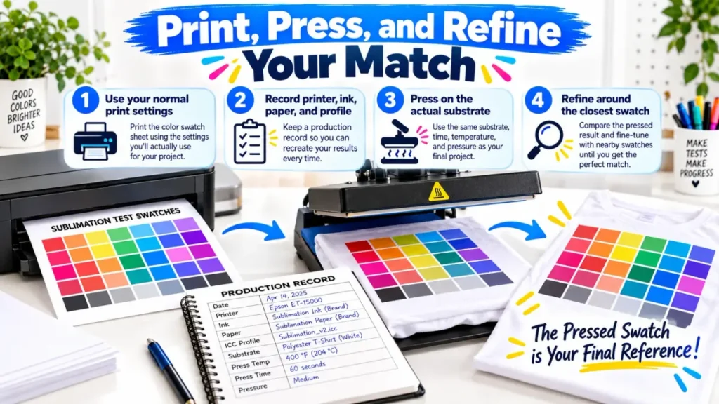 Sublimation color matching process showing normal print settings, production record, heat press testing, and refining around the closest pressed swatch