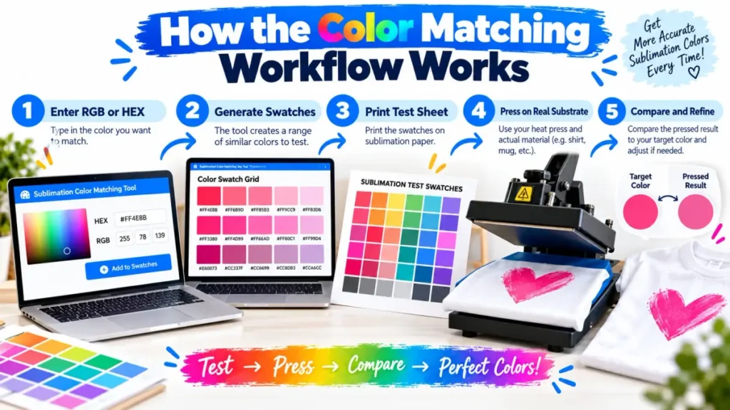 Sublimation color matching variation modes comparing hue and lightness, hue and saturation, and saturation and lightness swatch grids