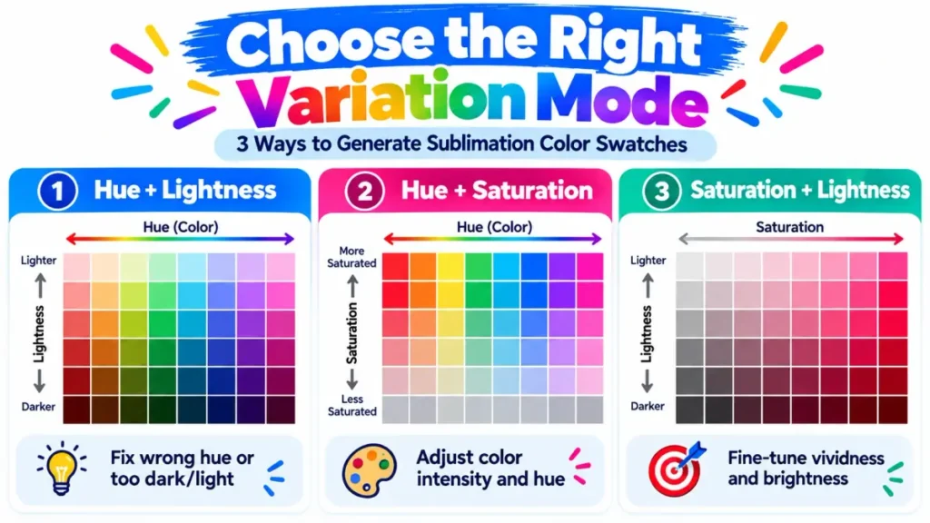 Sublimation color matching workflow showing RGB or HEX input, generated swatches, printed test sheet, heat press, and comparison step