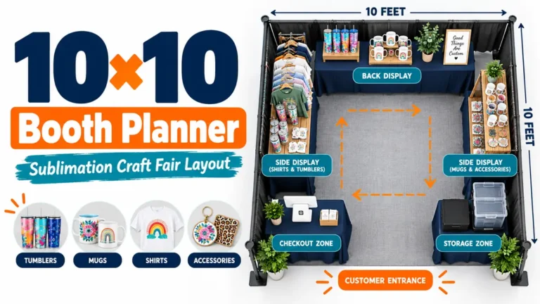 Top-down 10×10 sublimation craft fair booth layout with display, checkout, and storage zones